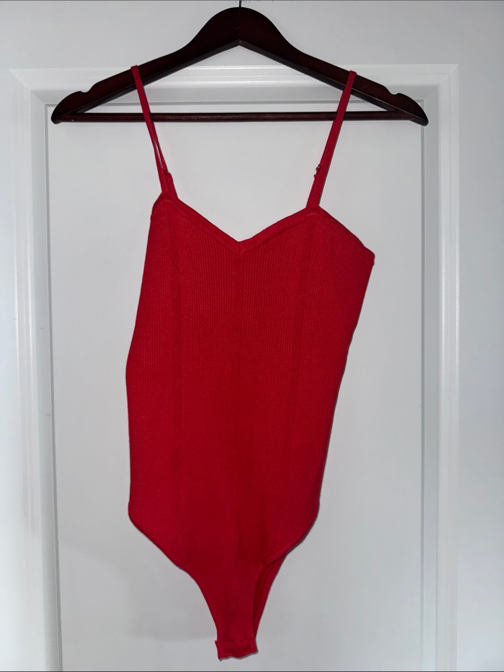 Lulu's Red Ribbed Spaghetti-Strap Bodysuit